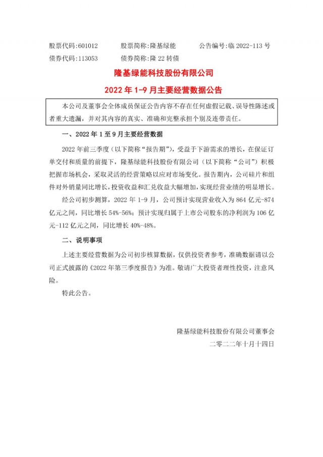 隆基綠能：營收或超864億，預(yù)計前三季凈利或在106億元-112億元之間